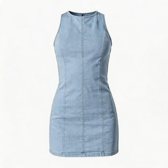 Damen figurbetontes Denim-Kleid mit Seitenschlitzen und hohem Kragen R&B