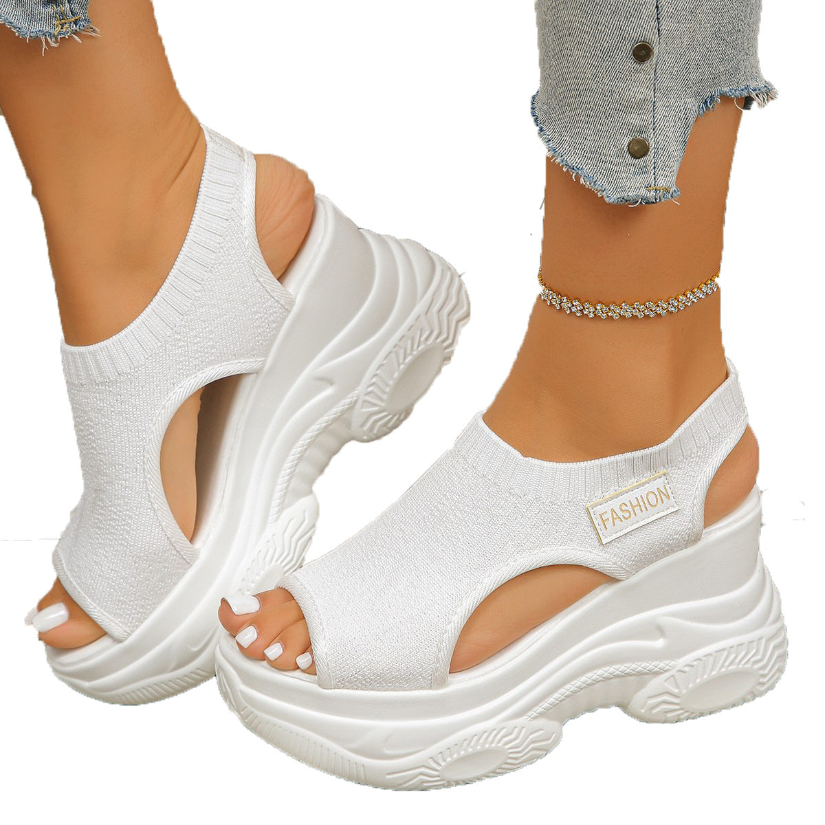 Damen Trendige Wedge-Sandaletten aus elastischem Strickmaterial EB