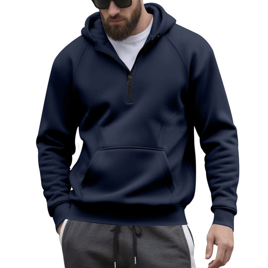 Herren nan Halbzip-Kapuzenpullover im minimalistischen Softshell-Look mit Kängurutasche und Raglanärmeln R&B