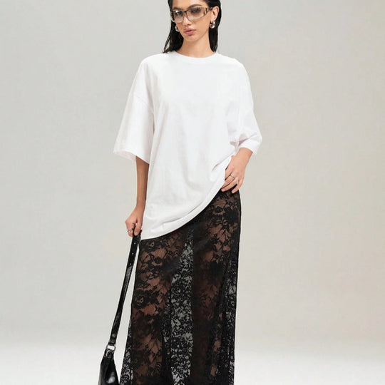 Damen Elegante Spitzenmaxi-Rock mit durchscheinendem Design und seitlichem Schlitz R&B