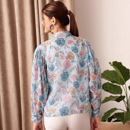 Damen leicht transparente Chiffonjacke mit floralen Motiven und ballonartigen Ärmeln R&B
