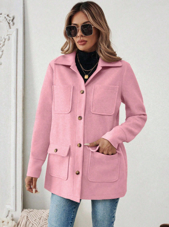Damen Modische Utility-Jacke mit großen Taschen und goldenem Druck R&B