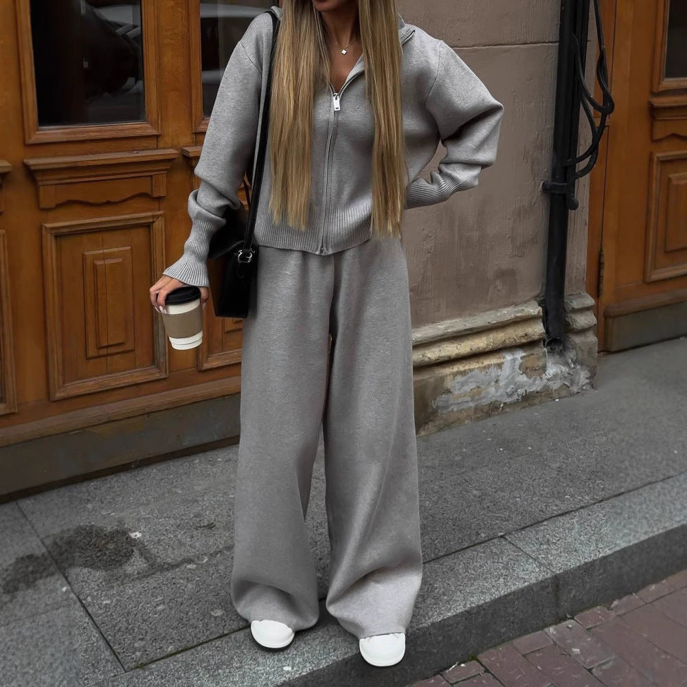 Damen nan gestricktes Loungewear-Zweiteiler mit kurzem Reißverschluss-Cardigan und weitem Highwaist-Hosenbein R&B
