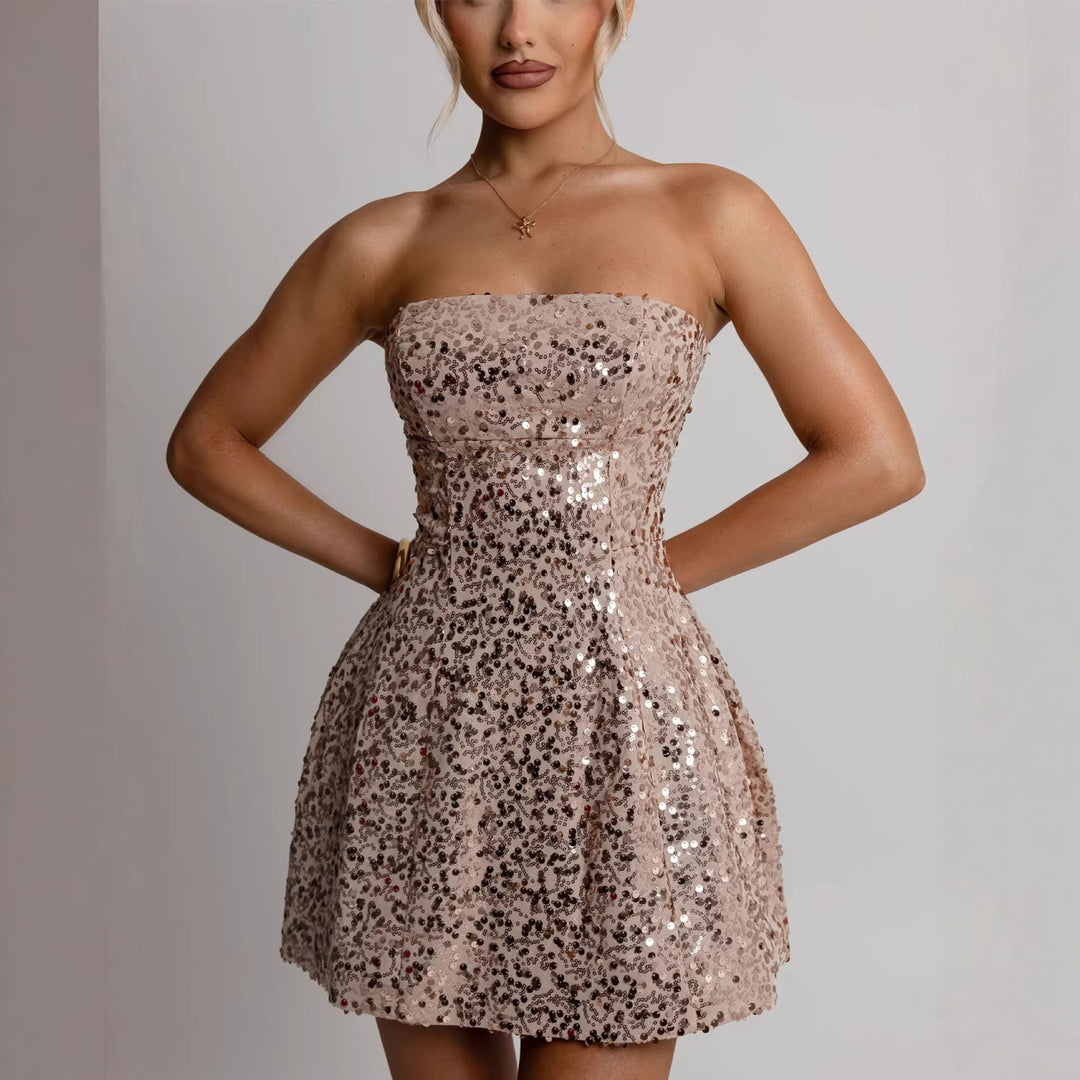 Damen Cocktailkleid mit funkelnden Pailletten und schulterfreiem Design R&B