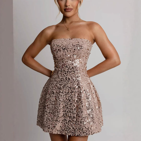 Damen Cocktailkleid mit funkelnden Pailletten und schulterfreiem Design R&B