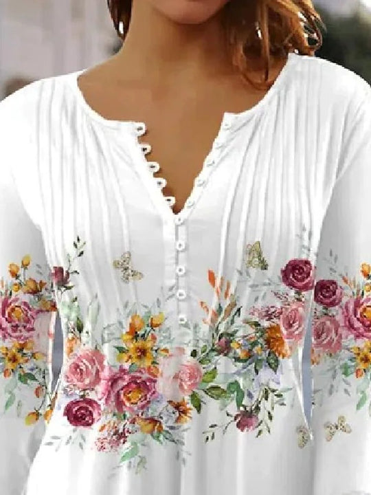 Damen nan luftige Tunika-Bluse mit Aquarell-Blumenbordüre, Kellerfalten und Dreiviertelärmeln R&B