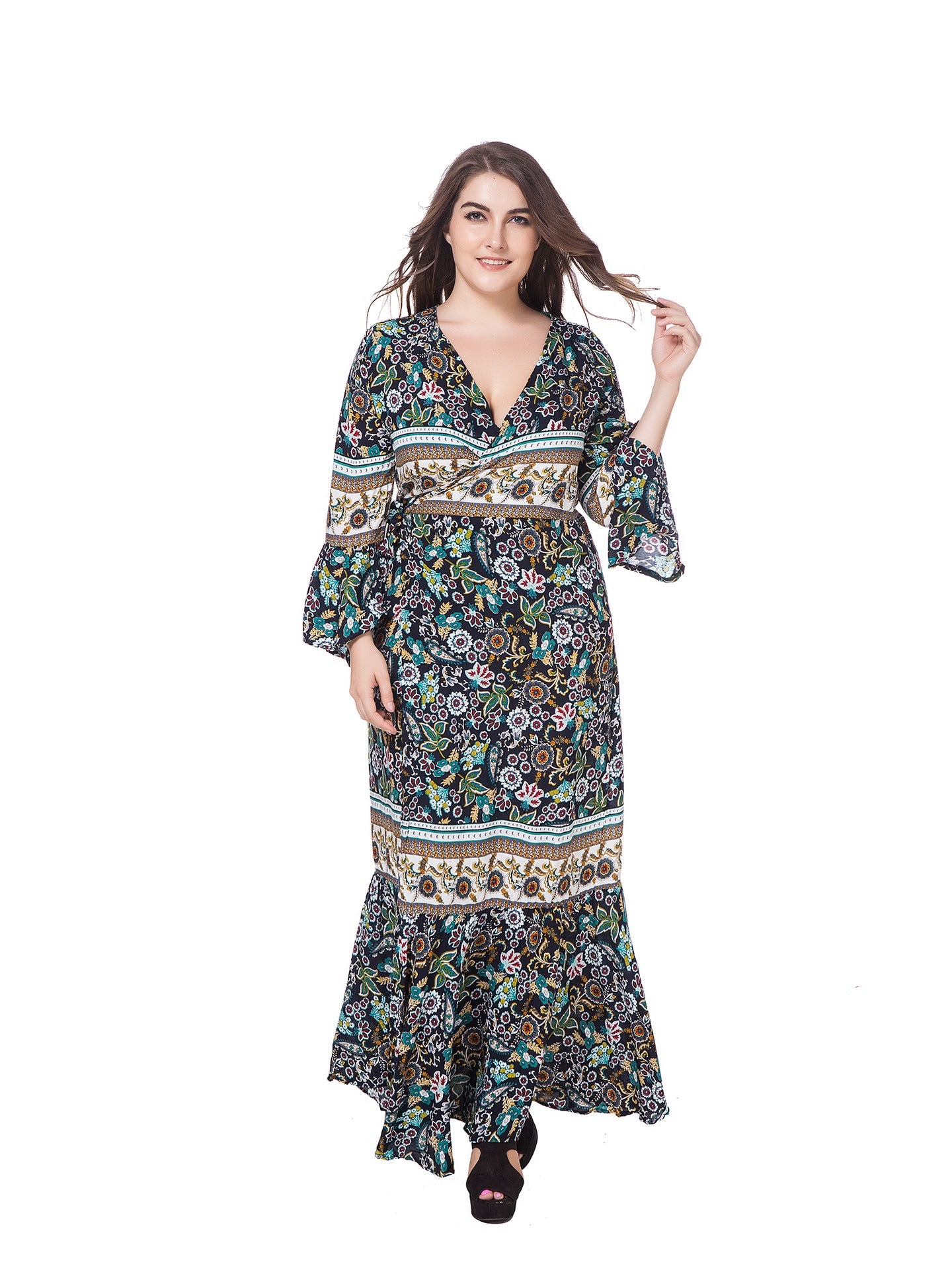 Damen Maxikleid mit kunstvollem floralen Design und leichten Rüschendetails R&B