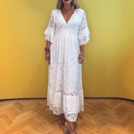 Damen nan Boho-Spitzen-Maxikleid mit V-Ausschnitt, Unterbrustnaht und gestuften Volantärmeln R&B