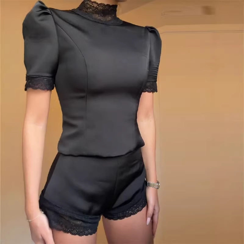 Damen Satin Schlafshorts mit Spitzenverzierung R&B