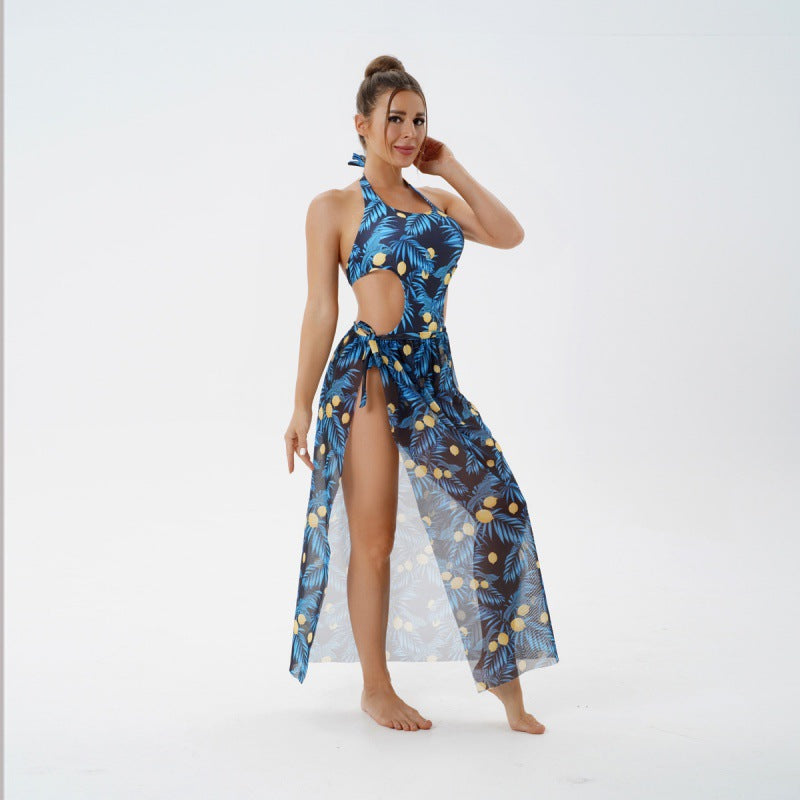Damen Badeanzug mit floralem Cut-Out und transparentem Überrock R&B
