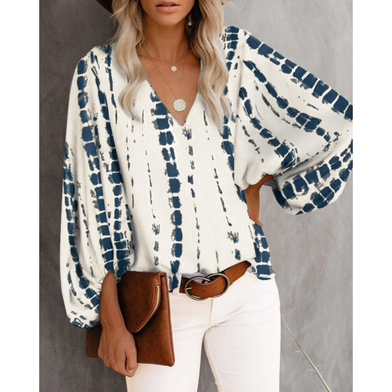 Damen Bluse mit weitem Puffärmel und eleganter V-Ausschnitt R&B