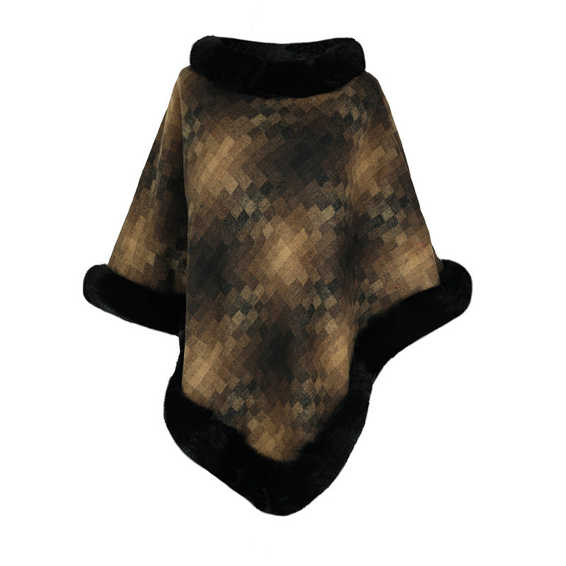Damen modischer Poncho mit luxuriösem Kunstpelzkragen R&B