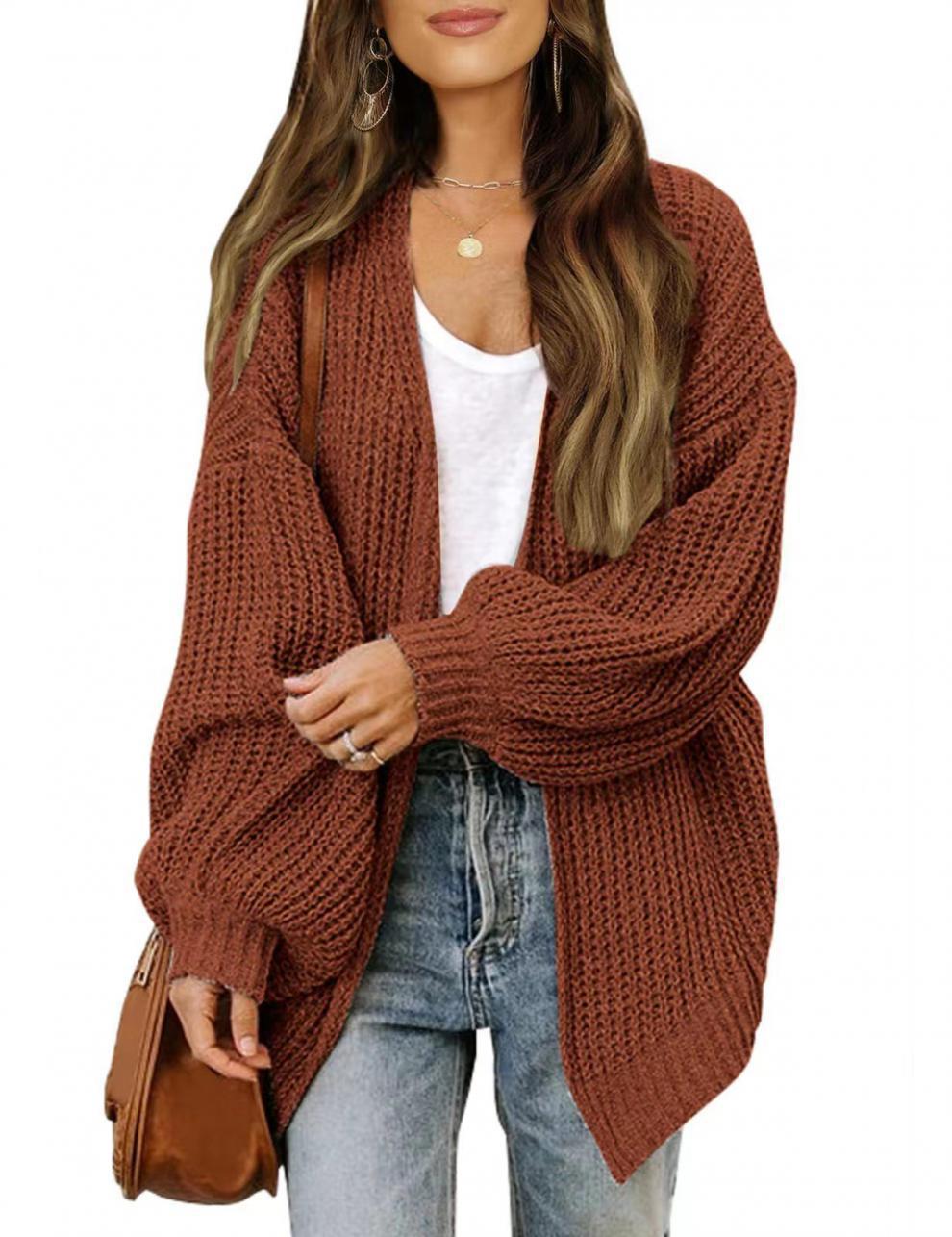 Damen lockerer Strickcardigan mit voluminösen Ärmeln und strukturiertem Design R&B