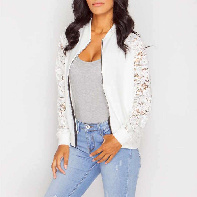 Damen Sportliche Bomberjacke mit Spitzenärmel R&B