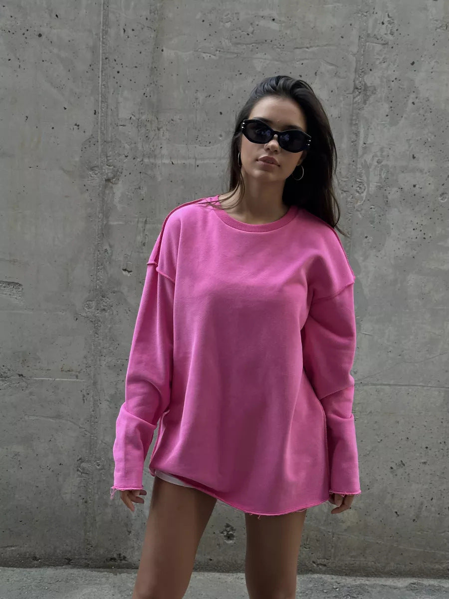 Damen Lässiger Oversized-Pullover mit abgerundetem Saum und langen Ärmeln R&B