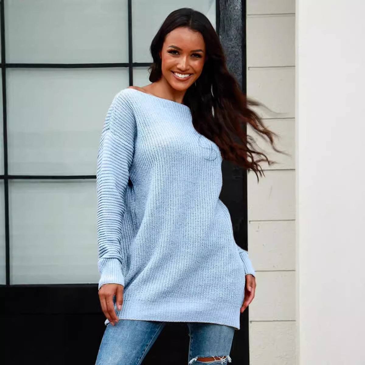 Damen lässiger Strickpullover mit weitem Ausschnitt und Rippstruktur