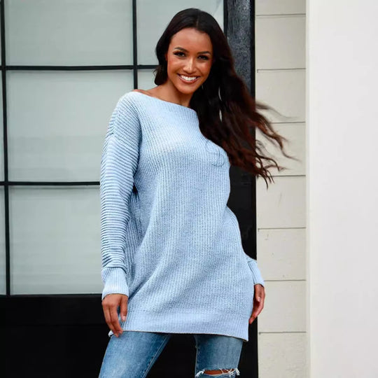 Damen lässiger Strickpullover mit weitem Ausschnitt und Rippstruktur R&B