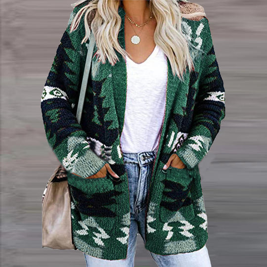Damen Strickjacke im modernen Ethno-Design mit aufgesetzten Taschen und lässigem Schnitt R&B