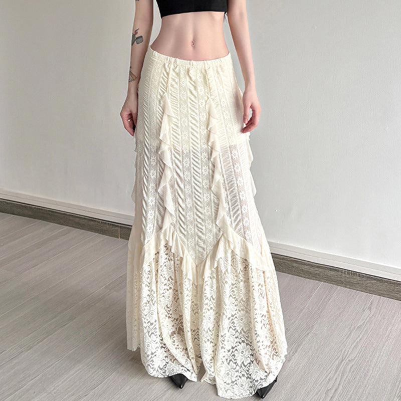 Damen eleganter Maxirock mit raffinierten Rüschen und Spitzenakzenten R&B
