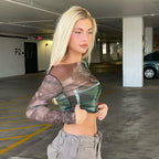 Damen Langarm Crop-Top mit transparenten Akzenten und grafischem Design R&B