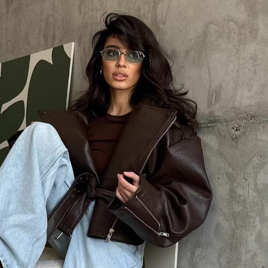 Damen Übergröße Kunstlederjacke im lässigen Stil R&B