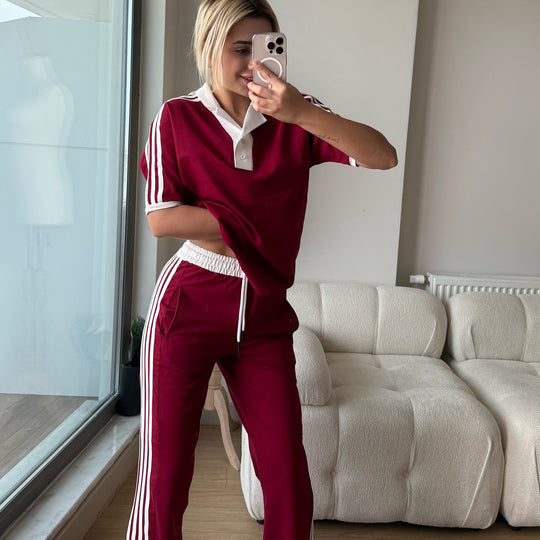 Damen sportliches Polo-Set mit kurzen Ärmeln und seitlichen Streifen R&B