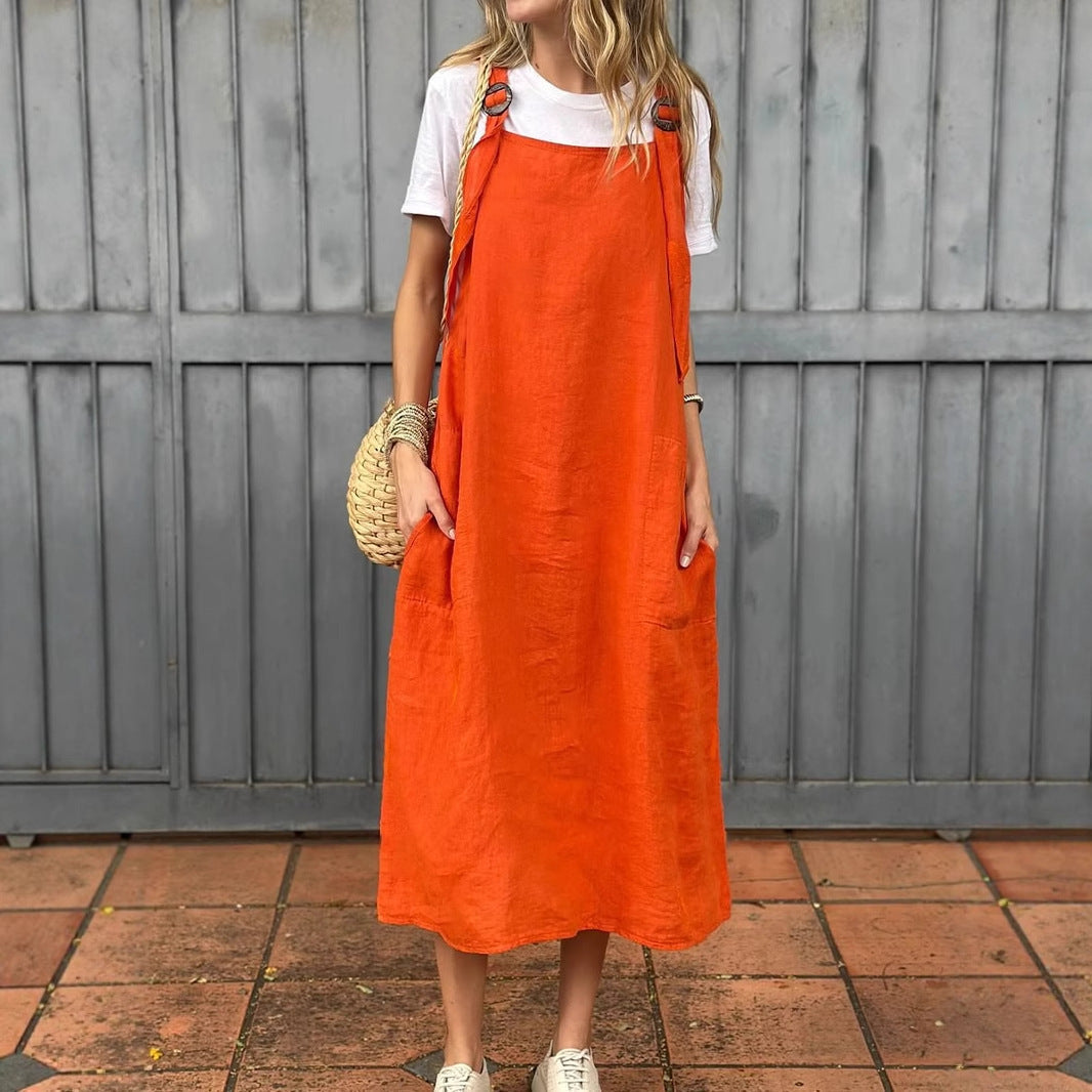 Damen lässiges Leinenkleid mit praktischen Taschen und verstellbaren Trägern R&B