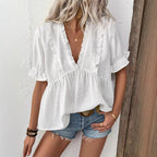Damen elegantes Blusenshirt mit Rüschendetails und V-Ausschnitt R&B