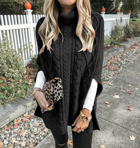 Damen Strickponcho mit hohem Kragen und dekorativem Zopfmuster R&B