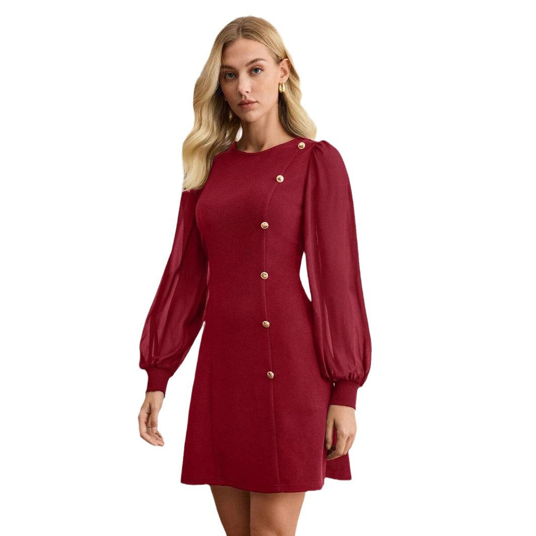 Damen elegantes Minikleid mit Puffärmeln und dekorativen Knopfdetails R&B