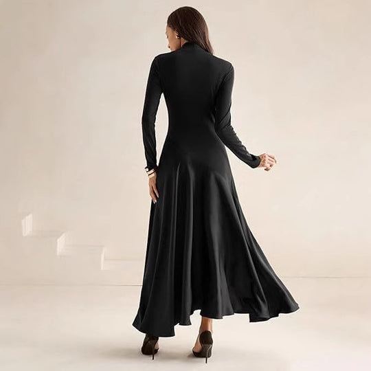 Damen Elegantes Langarm Maxikleid mit hohem Kragen und fließendem Rock R&B