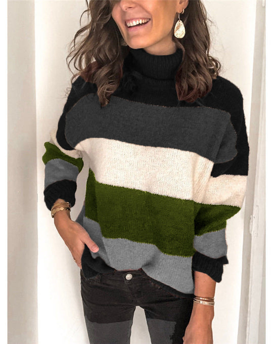 Damen modischer Strickpullover mit hohem Kragen und breitem Streifenmuster R&B