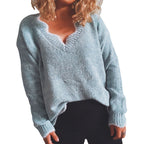 Damen lässiger Strickpullover mit weitem V-Ausschnitt und asymmetrischem Saum R&B