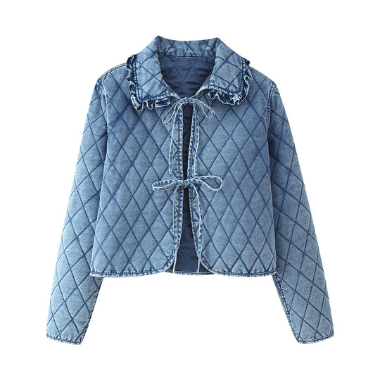 Damen gesteppte Utility-Jacke mit elegantem Kragen und Rüschendetails R&B