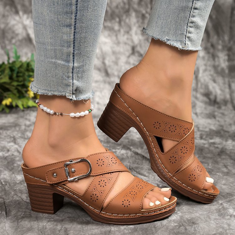 Damen elegante Keil-Pantoletten mit modischer Schnallenverzierung R&B