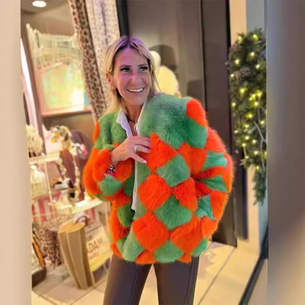 Damen auffällige Kunstpelzjacke mit innovativem Karomuster und kurzem Schnitt R&B