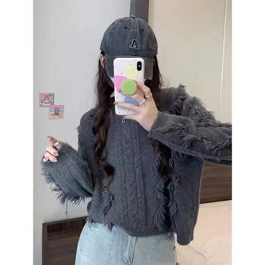 Damen Grobstrickpullover mit fransigen Details und lässigem Schnitt R&B