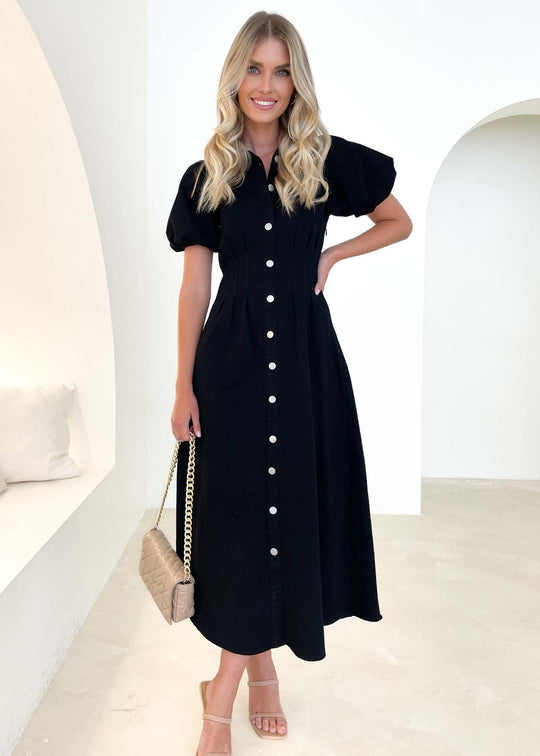 Damen Knielanges Hemdkleid mit Puffärmeln und Knopfverschluss R&B