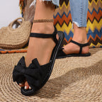 Damen flache Sandalen mit großem Schleifen-Detail und rutschfester Sohle R&B
