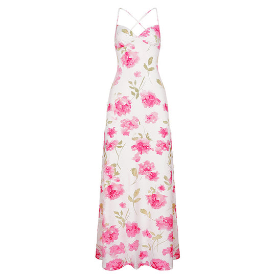 Damen Maxikleid mit zarten Blumenmuster und tiefem V-Ausschnitt R&B