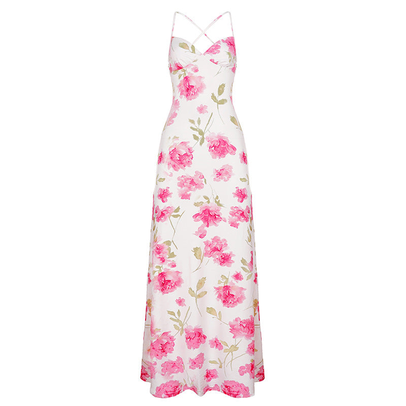 Damen elegantes Maxikleid mit zartem Blumenmuster und Spaghettiträgern R&B