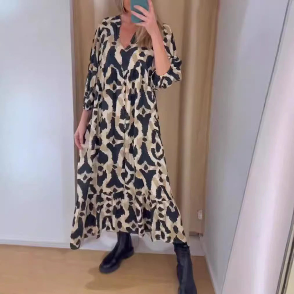 Damen nan weites Stufenmaxikleid mit V-Ausschnitt geraffter Brustpasse und Dreiviertelärmeln R&B