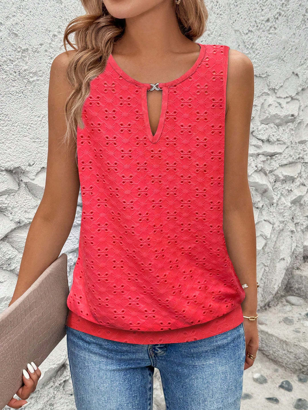 Damen luftiges Tanktop mit dekorativem Ausschnitt und feiner Struktur R&B