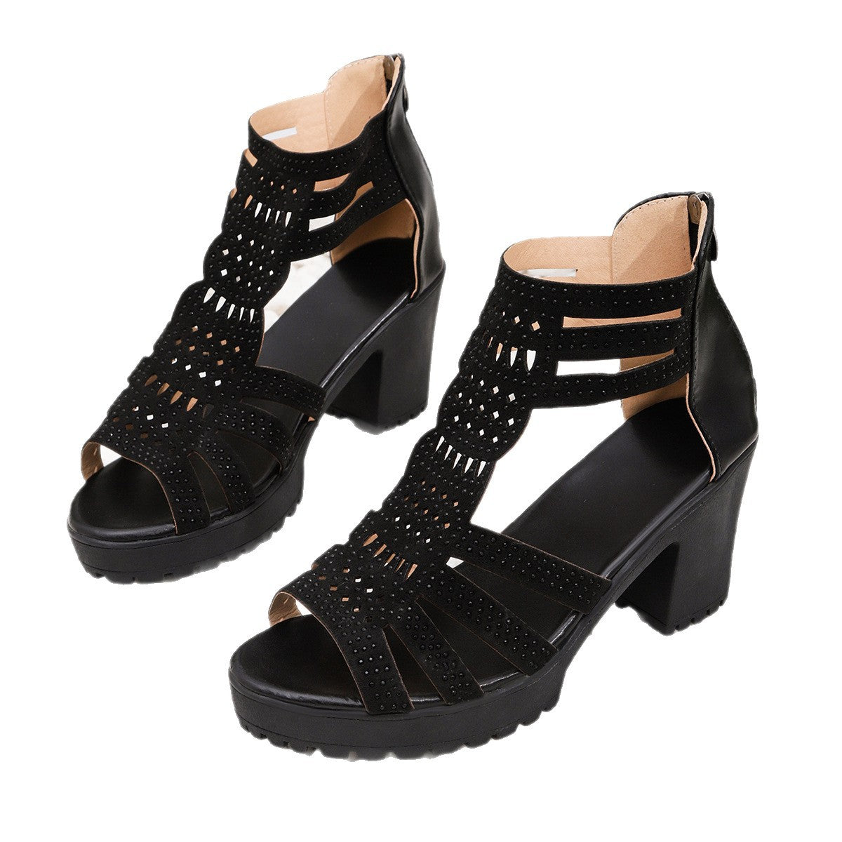 Damen modische Sandalen mit kunstvoller Riemenführung und komfortablem Blockabsatz R&B