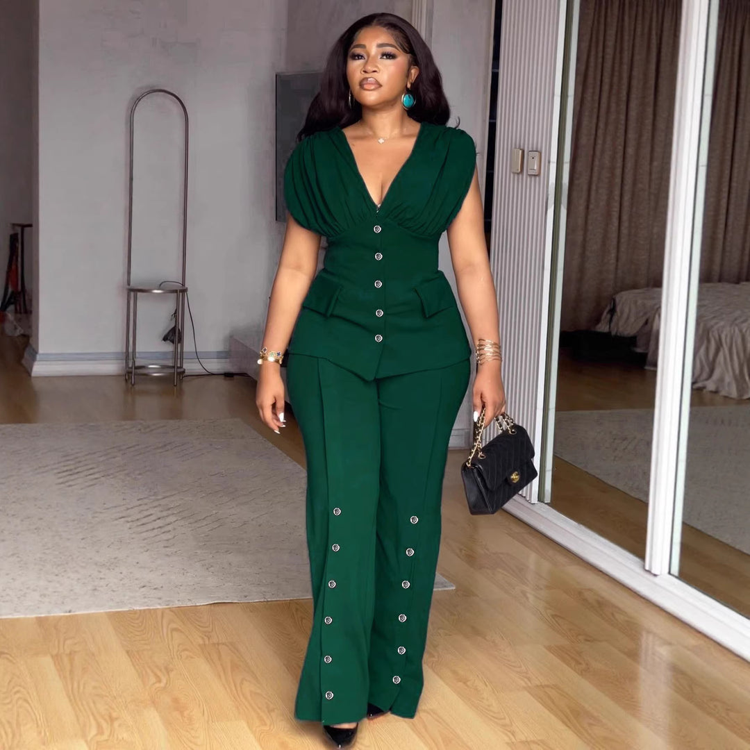 Damen Elegantes Jumpsuit mit drapiertem Oberteil und dekorativen Knöpfen R&B