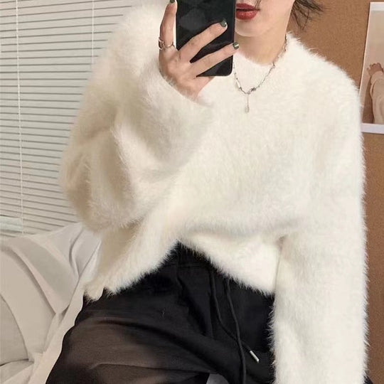 Damen Flauschiger Pullover mit lässigem Schnitt und hohem Rundhalsausschnitt R&B