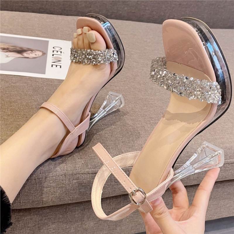 Damen High Heel Sandalen mit funkelnden Strassverzierungen und klarem Blockabsatz R&B