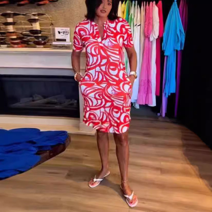 Damen Kurzarm Hemdkleid mit modernen grafischen Mustern und praktischen Eingrifftaschen R&B
