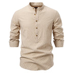 Herren nan Jacquard-Hemd mit Stehkragen, halber Knopfleiste und Holzoptik-Knöpfen R&B