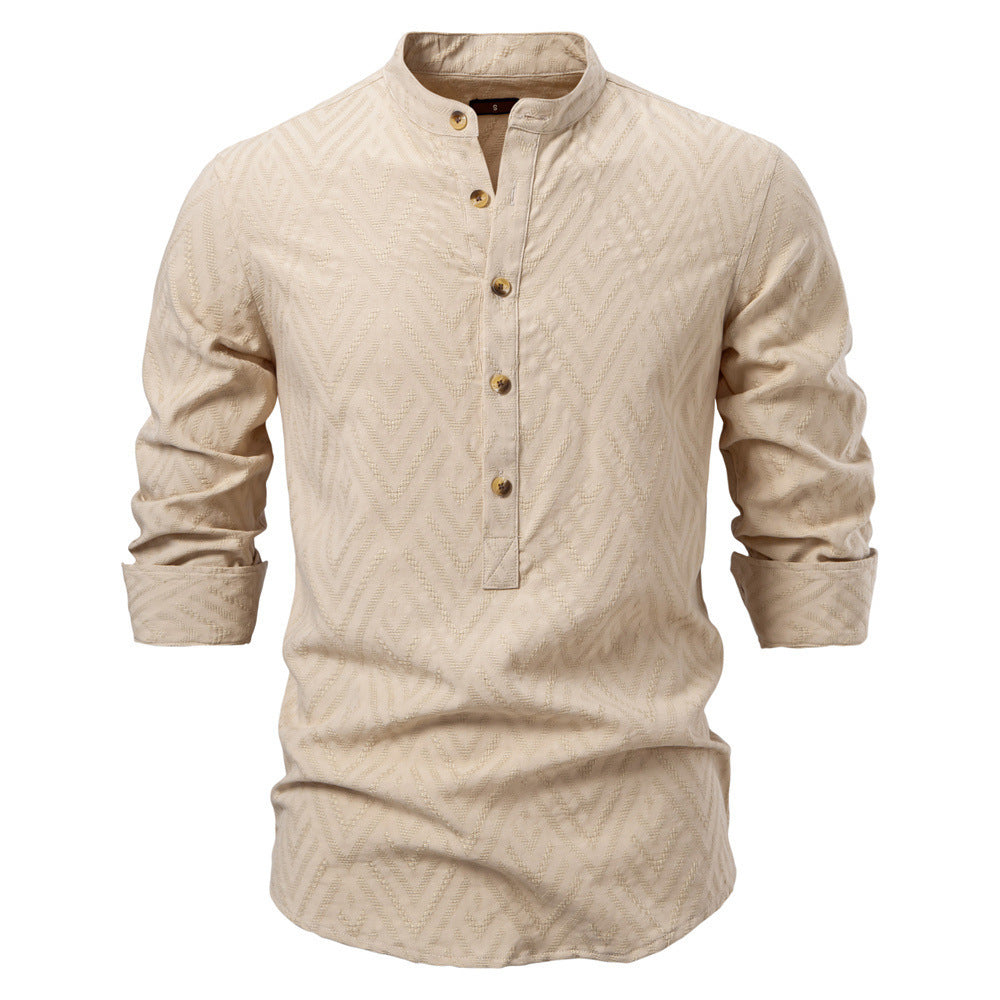 Herren nan Jacquard-Hemd mit Stehkragen, halber Knopfleiste und Holzoptik-Knöpfen R&B